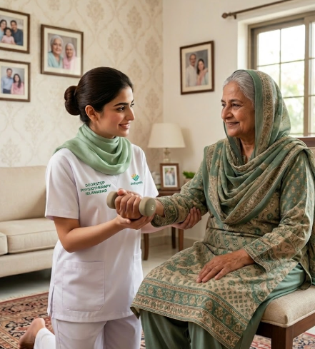 Physiotherapist guiding an elderly patient through gentle exercises at home