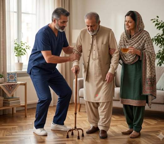 Family member present while a physiotherapist supports walking practice at home